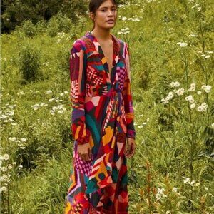 FARM RIO Anthropologie Dress Size XS Red Abstract Patches Long Sleeve Maxi NWT